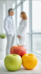 Doctor and patient standing by a window in a medical office, fruits subtly placed in the foreground as a symbol of health, disease prevention, wellness and preventive care concept.