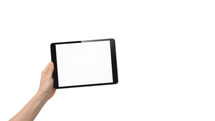 A clean human hand holds a modern black digital tablet device horizontally showcasing a bright blank white screen ideal for displaying apps websites or digital content with clear studio ligh
