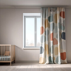 Contemporary children's room with window, wooden bed, and bold circle print curtain
