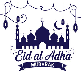 Festive Eid al Adha Greeting with Mosque Crescent Moon and Lanterns
