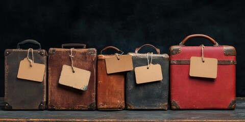 Vintage Luggage Collection Assorted Sizes and Colors with Blank Tags Against Dark Background