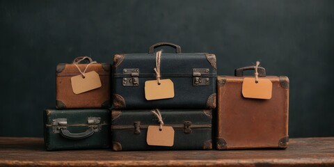 Vintage Suitcases Stacked On Wooden Table With Blank Tags Ready For Travel
