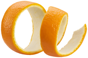 Curled Orange Peel Spiral with White Pith Exposed, Fresh Citrus Zest Slice Unraveled, Vibrant Fruit Skin on transparent background