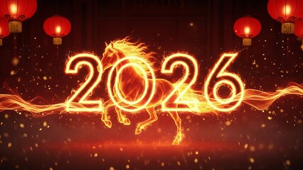 2026 Flaming Neon Numbers with Galloping Fire Horse Background