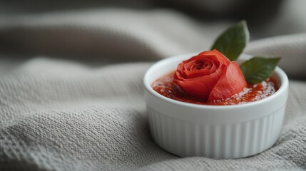 White Ramekin Dish With Tomato Rose And Basil Leaves On Gray Textured Fabric