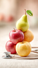Fruits arranged on a clean light surface with a stethoscope, medical context illustrating disease prevention, immune strengthening, healthy nutrition and daily health support.