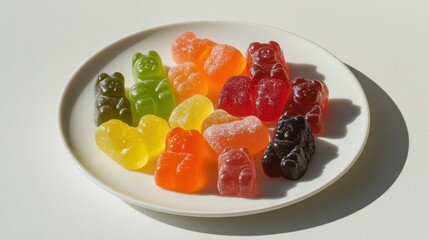 A Colorful Assortment Of Gummy Bears Arranged On A White Plate With Natural Lighting