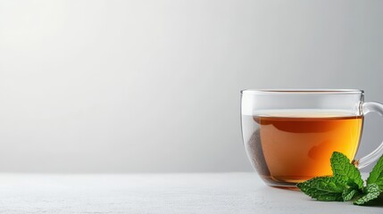 A Refreshing Cup Of Herbal Tea With Fresh Mint Leaves And Clear Liquid In A Glass Mug On A White Textured Surface With A Soft Gray Background And Natural Lighting