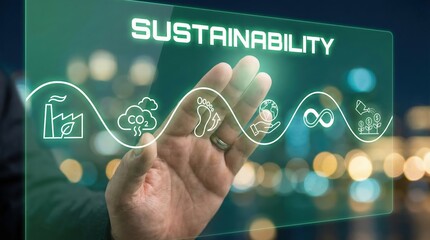 Adult Caucasian man in a suit touching a glowing digital sustainability interface with ESG icons over a blurred night cityscape background, corporate environmental conservation concept.