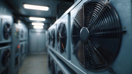 Rows of industrial cooling fans operating in a dimly lit server room