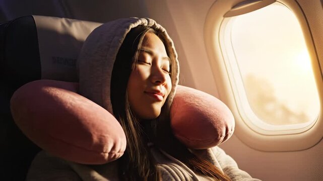 Peaceful Airplane Nap - A serene young woman naps comfortably on an airplane, wearing a hoodie and using a pink neck pillow.