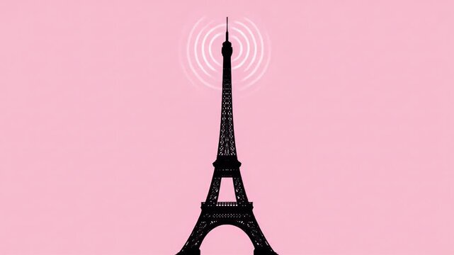A pink illustration of the Eiffel Tower silhouette broadcast.