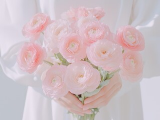 Elegant woman wearing flowing white dress, holding pink ranunculus bouquet, embodying soft romantic atmosphere and graceful natural beauty