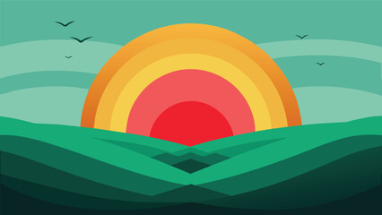 Stylized flat design sunset over green rolling hills or ocean waves with vibrant colors