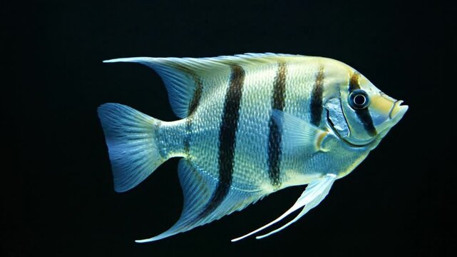 Close-up of an angelfish swimming in a dark aquarium setting