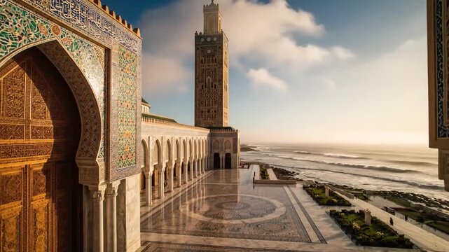 Sunlit Moroccan mosaic arches frame a marble veranda, leading to a distant minaret by the calm sea