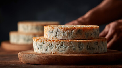 Blue cheese wheels stacked on wooden board with hand reaching, artisan dairy product and gourmet food concept