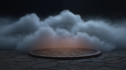 Checkered platform with dramatic storm clouds and cracked ground, dark atmospheric backdrop for product display