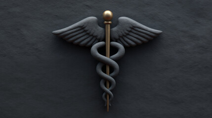 Caduceus medical symbol with bronze staff and dark wings on textured background, healthcare and medicine concept