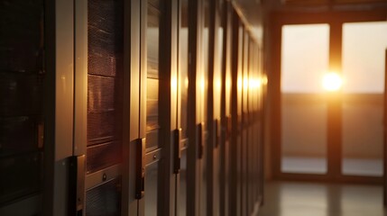 A server room bathed in the warm glow of golden hour sunlight streaming through a glass doored hallway