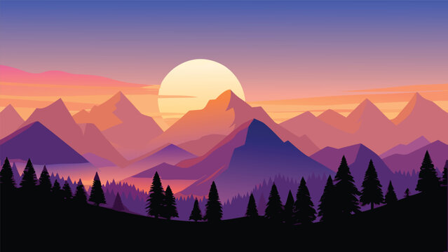 A colorful minimalist vector illustration of a mountain landscape at sunrise or sunset