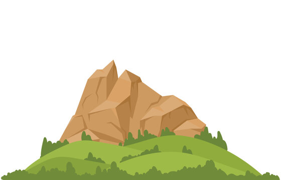 Flat vector illustration of a rocky hill mountain with green grassy slopes and bushes. Isolated on white background. Ideal for nature themes, outdoor landscapes, educational graphics, game backgrounds