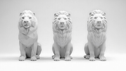 Three white lion statues in geometric and realistic styles and one abstract lion sculpture on a plain background transparent background