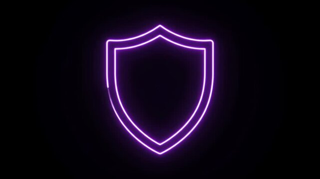 A glowing purple neon shield icon shining on a black background.