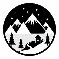 Obraz premium Title: A black and white of a mountain landscape with a house and a winding path in a circular frame