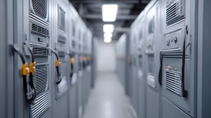 A long organized corridor in a modern data center filled with rows of server racks and visible network cabling