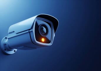 Modern white security camera with glowing orange indicator light.