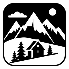 Fototapeta premium Title: A black and white of a mountain landscape with a house and trees in front of a mountain