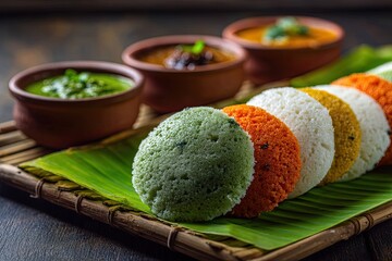 Vegetarian Tricolor Idli Platter on Banana Leaf