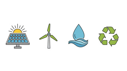 Eco friendly icons set including solar panel wind turbine water droplet and recycling symbol
