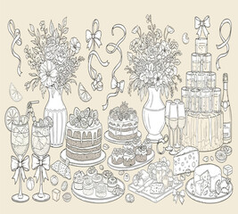 A delightful sketch of cakes desserts and celebratory arrangements for a festive occasion