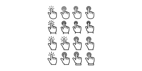 Set of click cursor icons with glowing effect on white background