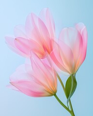 Soft pink translucent tulips glowing against pale blue backdrop, capturing delicate spring beauty with ethereal, elegant floral essence
