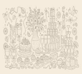Obraz premium A vintage sketch displaying a lavish assortment of cakes desserts and drinks