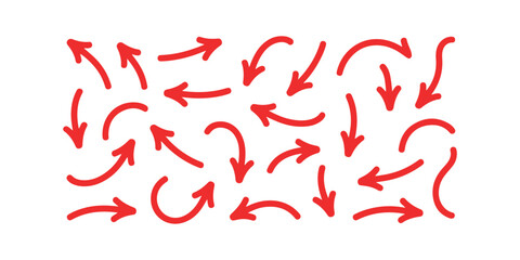 Set of red hand drawn doodle arrows collection of various curved pointers sketch drawing style