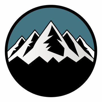 Title: A simple black and white of a mountain range with sharp peaks in a circular frame