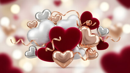 Cluster of shiny metallic and matte hearts in gold, silver, and red colors tied with ribbons isolated on transparent background