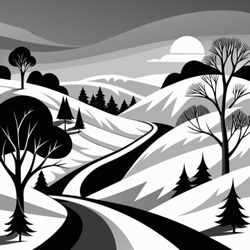 Title: A winding path through a snowy forest with tall pine trees and rolling hills in a