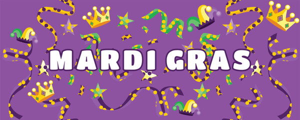 Purple Mardi Gras Carnival Banner with Crowns, Jester Hat and Confetti, Royal Festive Celebration