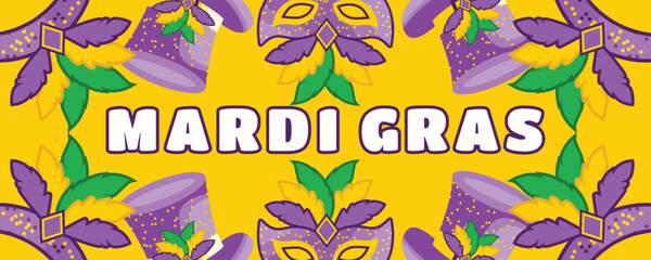 Yellow Mardi Gras Festival Banner with Carnival Masks, Hats and Headpieces, Festive Party Design