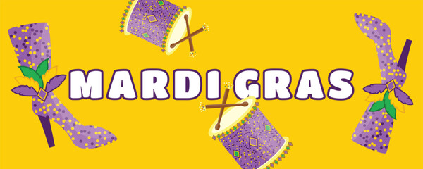 Yellow Mardi Gras Carnival Banner with Festival Shoes, Costumes and Drums, Dynamic Celebration Background