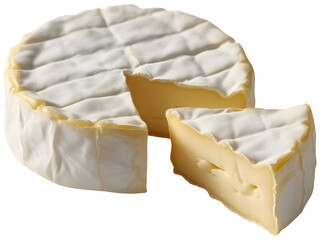 Whole Brie Cheese Wheel Cut Open with Slice Revealing Creamy Golden Interior, White Rind Texture on transparent background