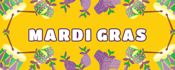 Yellow Mardi Gras Festival Banner with Carnival Costumes, Maracas and Drums, Music and Celebration