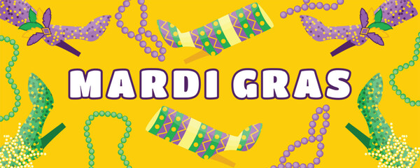 Yellow Mardi Gras Carnival Banner with Feathered Festival Shoes and Beads, Bright Party Background
