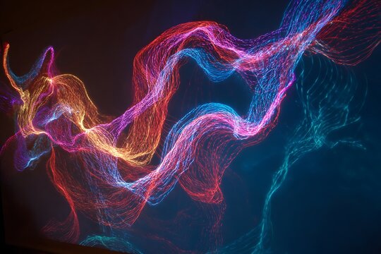 Vivid streams of glowing particle energy undulate across a dark background