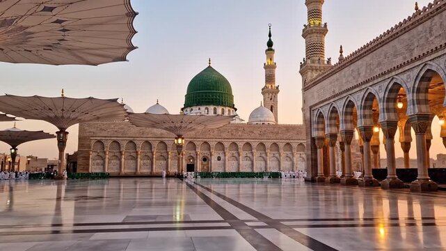 Sunset-lit mosque courtyard with a green dome, arched colonnades, minarets, and marble tiles at dusk